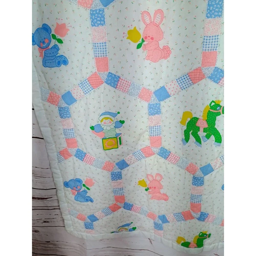 Vintage Baby Quilt Green Yellow Horse Pink Bunny Blue Polka dot Bear Tulips Flow